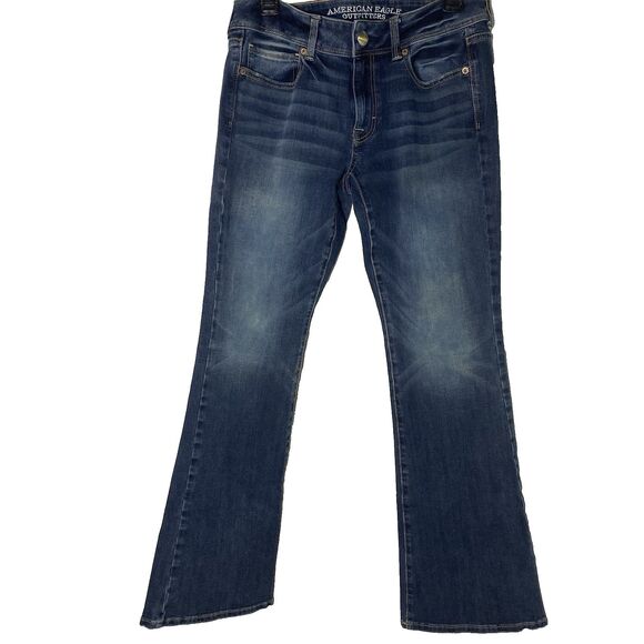 AMERICAN EAGLE Kick Boot Jeans Super Stretch Flare Low Embroidered Womens 8 Blue - Picture 1 of 11